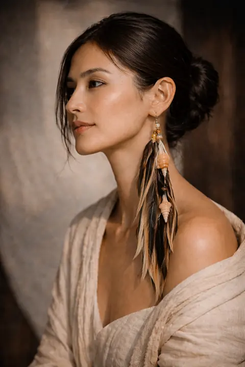 AI model in profile wearing a boho feather earring in warm light
