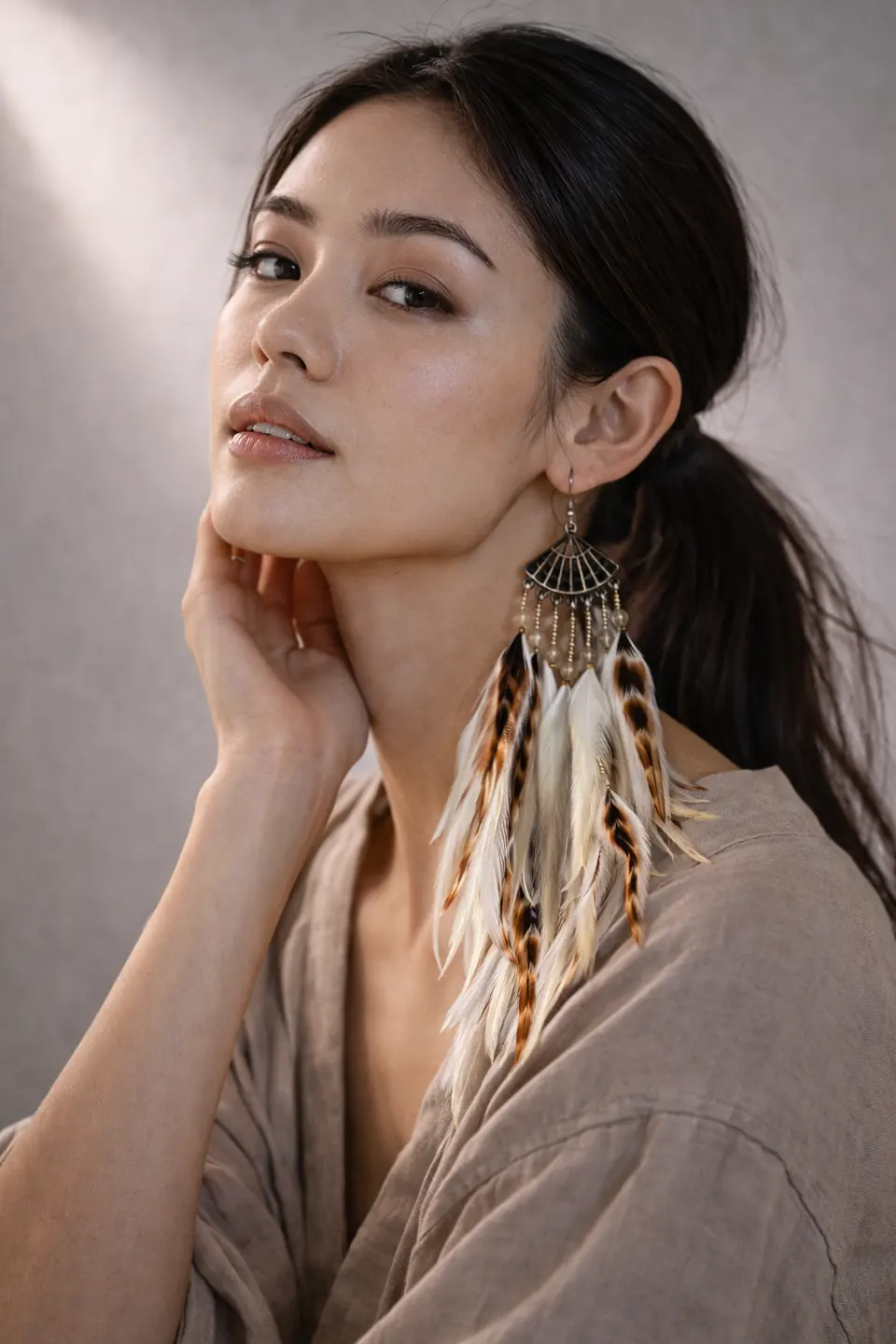 The same fan feather earrings worn by an AI model — AI photoshoot by Bali Bule Marketing