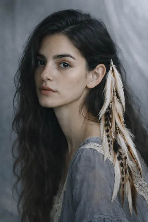 Dark-haired AI model wearing a feather hair clip