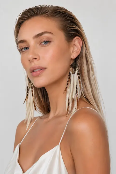 AI model wearing long white feather earrings in a white slip dress