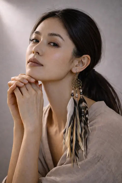 AI model resting her chin on her hands, wearing seed of life feather earrings