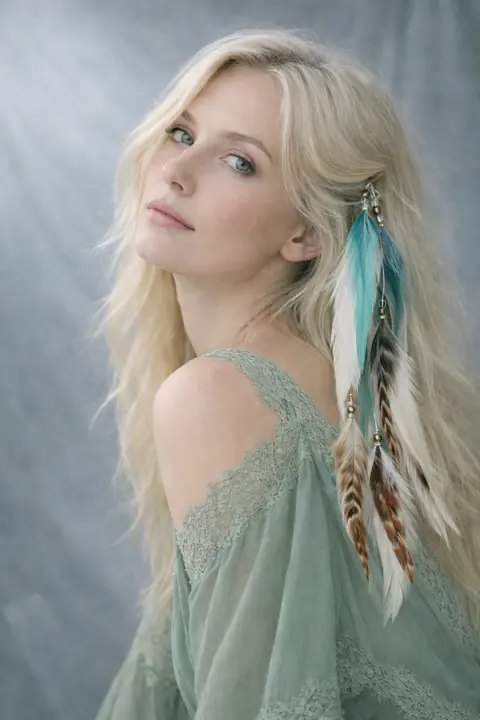 Blonde AI model with a turquoise feather hair clip on a soft blue backdrop