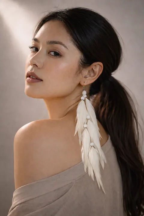 AI model wearing white tribal feather earrings by Sage or Savage